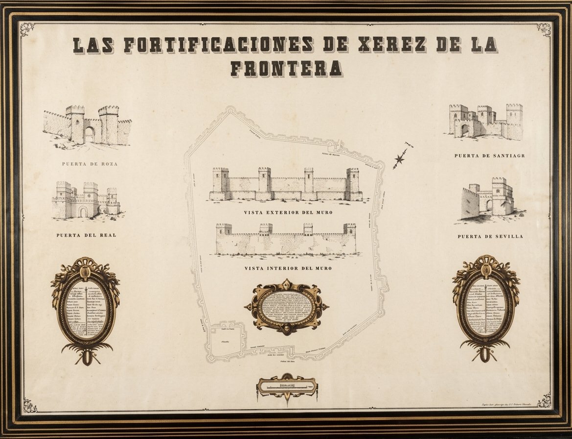 Reproducción de un mapa antiguo enmarcado que detalla las fortificaciones medievales de Jerez de la Frontera, con el título "LAS FORTIFICACIONES DE XEREZ DE LA FRONTERA". Presenta ilustraciones de cuatro puertas históricas (de Roza, del Real, de Santiago y de Sevilla) y vistas detalladas de las murallas (exterior e interior). Incluye tres cartuchos ornamen-tales y una escala gráfica en la parte inferior.