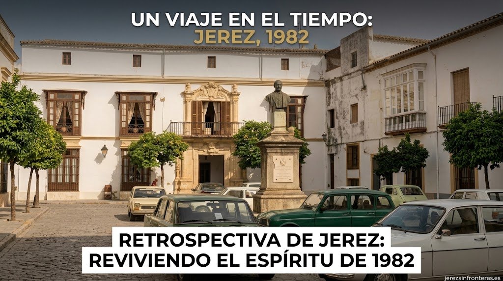 Fotografía de la plaza Rafael Rivero en Jerez de la Frontera en 1982 con coches clásicos aparcados frente al busto y los edificios históricos.