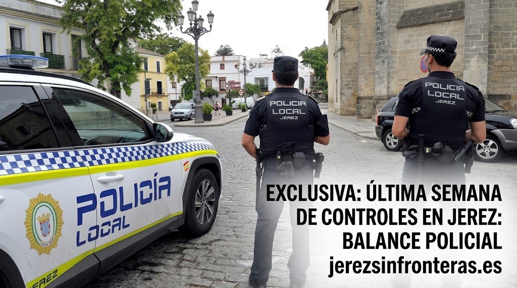 Dos agentes de la Policía Local de Jerez de la Frontera, vistos de espaldas y uniformados, se encuentran de pie en una calle empedrada del centro histórico de la ciudad. A su izquierda, se aprecia la parte lateral de un coche patrulla de la Policía Local con la rotulación y el escudo oficiales visibles. Al fondo se divisan edificios antiguos de color blanco y amarillo con balcones, así como árboles y farolas de estilo clásico, creando un ambiente urbano histórico.