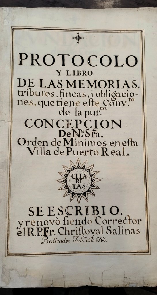 Portada del protocolo histórico de 1766 del Convento de Mínimos de Puerto Real custodiado en Cádiz.