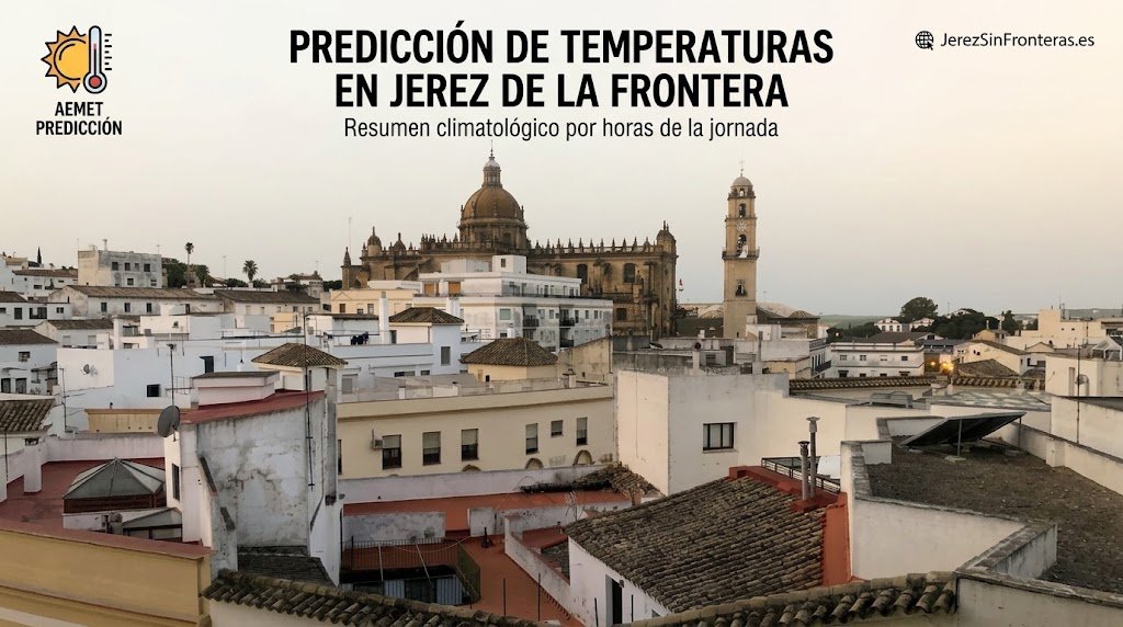 Panorámica urbana de los tejados de Jerez de la Frontera con la Catedral al fondo bajo un cielo despejado, con rótulo superior sobre la predicción del tiempo y temperaturas.