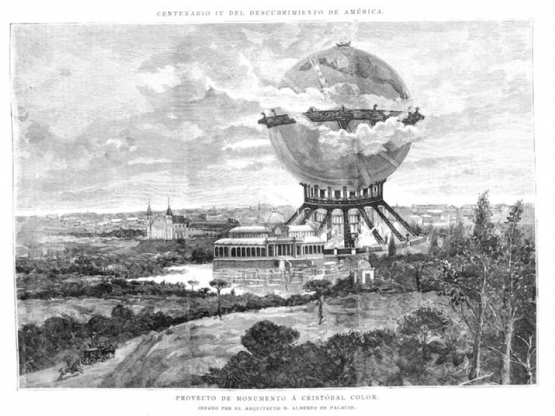 Grabado histórico de la gran esfera del mundo proyectada por el arquitecto Alberto de Palacio para el parque del Retiro de Madrid