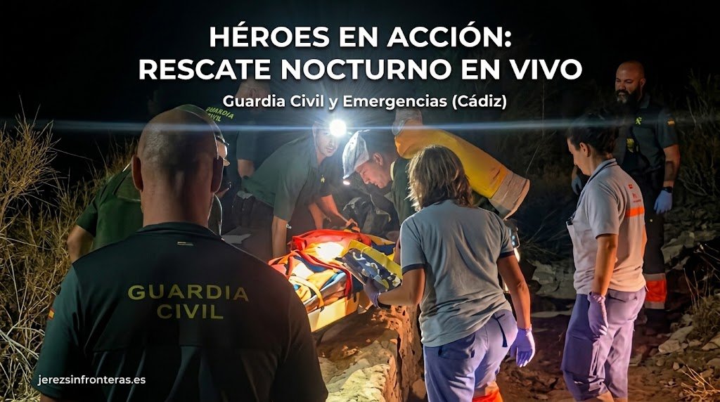 Escena nocturna dramática de una operación de rescate médico en un terreno rocoso y accidentado en Cádiz, España. Varios agentes de la Guardia Civil y personal de emergencias (SAMU/061) trabajan en equipo bajo la luz intensa de una linterna de cabeza para asegurar a una víctima en una camilla de rescate. En primer plano, la espalda de un agente de la Guardia Civil con su chaleco reglamentario que dice "GUARDIA CIVIL" es prominente. Un titular superpuesto en la parte superior dice: "HÉROES EN ACCIÓN: RESCATE NOCTURNO EN VIVO. Guardia Civil y Emergencias (Cádiz)". Un logotipo web discreto en la parte inferior dice "jerezsinfronteras.es".
