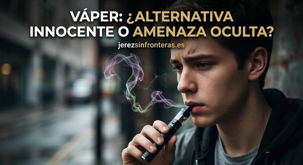 Cartel publicitario sobre los riesgos del váper para la salud según la Consejería de Salud de la Junta de Andalucía, publicado por Jerez sin Fronteras.
