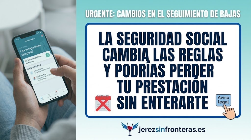 Cabecera de noticias de jerezsinfronteras.es que muestra a una persona sosteniendo un teléfono inteligente con la aplicación "Medicological" y una notificación sobre "incapacidad temporal". A la derecha, un cuadro de texto grande dice: "LA SEGURIDAD SOCIAL CAMBIA LAS REGLAS Y PODRÍAS PERDER TU PRESTACIÓN SIN ENTERARTE", con un icono de calendario con una cruz roja y una mano señalando un icono de campana.