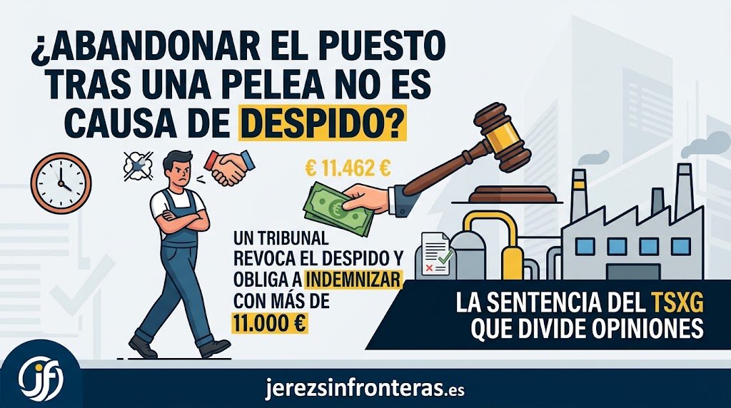 Infografía explicativa sobre una sentencia laboral del TSXG que declara improcedente el despido de un trabajador de un astillero que abandonó su puesto tras una pelea, fijando una indemnización de 11.462 euros. La imagen incluye el titular "¿ABANDONAR EL PUESTO TRAS UNA PELEA NO ES CAUSA DE DESPIDO?", ilustraciones de un trabajador y un juez, y el logo de jerezsinfronteras.es.