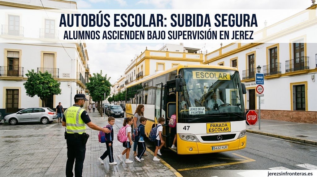 Alumnos subiendo de forma segura a un autobús escolar en una calle de Jerez bajo la supervisión de un agente de policía.