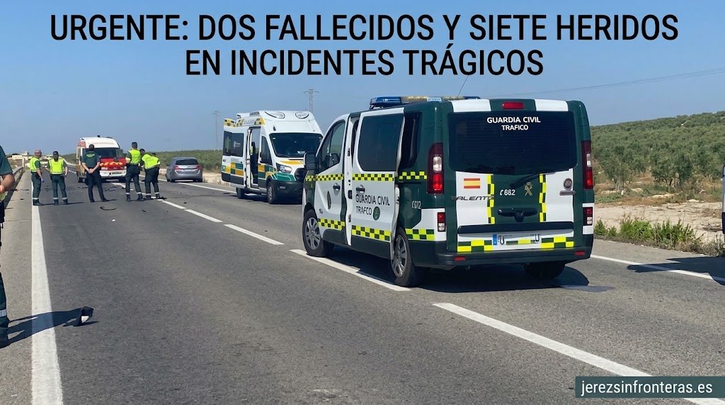 Fotografía horizontal de un control de tráfico y asistencia de emergencias en una carretera secundaria. En primer plano, la parte trasera de una furgoneta de la Guardia Civil de Tráfico blanca y verde con el texto 'GUARDIA CIVIL TRAFICO'. Detrás, una ambulancia de color blanco y amarillo y agentes de la Guardia Civil uniformados trabajando en la vía, junto a un coche plateado detenido. El entorno es rural con olivos y cielo despejado. Sobre la imagen, el titular en texto negro: 'URGENTE: DOS FALLECIDOS Y SIETE HERIDOS EN INCIDENTES TRÁGICOS'. En la esquina inferior derecha, una marca de agua: 'jerezsinfronteras.es'.