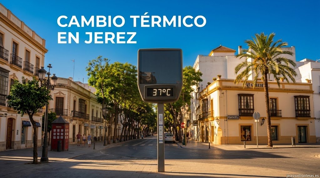 Termómetro urbano en una calle céntrica de Jerez de la Frontera marcando 37 °C bajo un sol de tarde soleado.