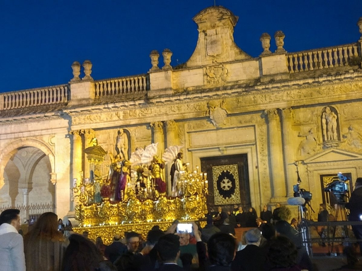 El paso de misterio de la Hermandad de la Yedra de Jerez durante la Semana Santa, con la imagen de Nuestro Padre Jesús de la Sentencia y Humildad, avanza por la Plaza de la Asunción frente a la fachada renacentista del Antiguo Cabildo.