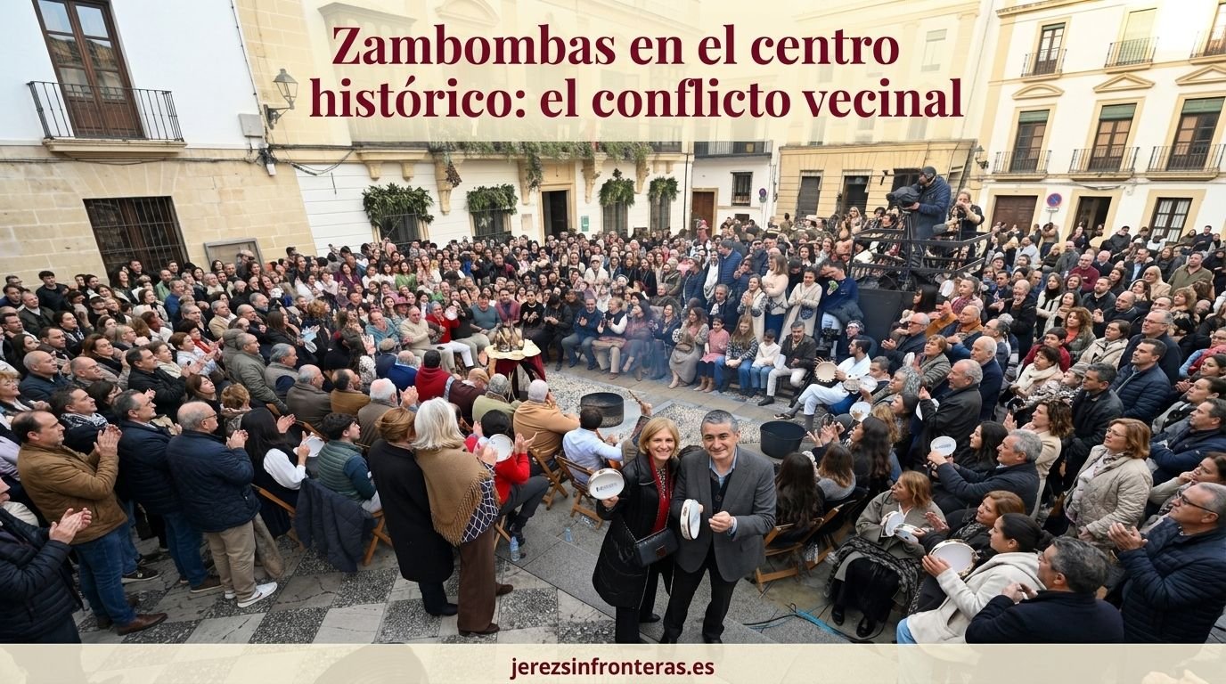 Zambomba multitudinaria en una plaza del centro histórico de Jerez de la Frontera con asistentes cantando alrededor de una candela.