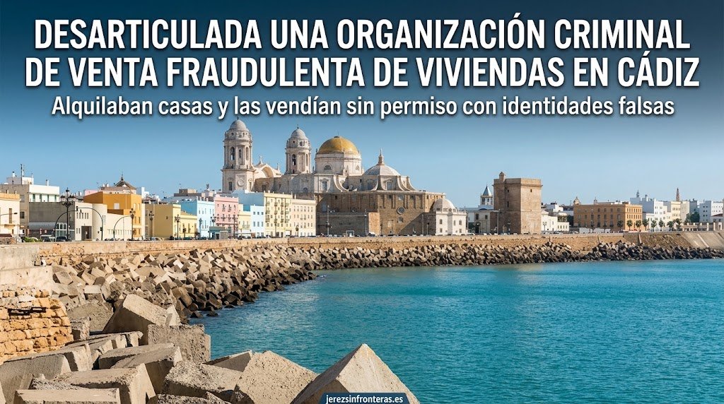 Fotografía de cabecera de jerezsinfronteras.es que muestra la silueta urbana de Cádiz frente al mar, con su catedral de cúpula dorada destacando bajo un cielo claro. Superpuesto en la parte superior, hay un titular en blanco que dice: "DESARTICULADA UNA ORGANIZACIÓN CRIMINAL DE VENTA FRAUDULENTA DE VIVIENDAS EN CÁDIZ", y debajo: "Alquilaban casas y las vendían sin permiso con identidades falsas".