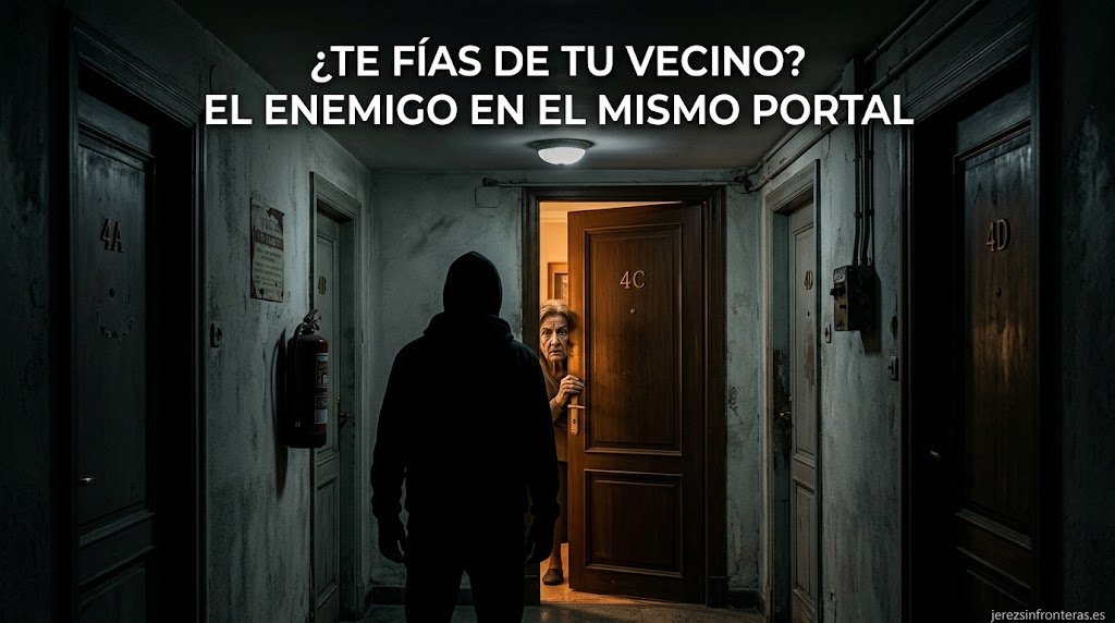Pasillo oscuro de un bloque de viviendas de noche con una silueta sombría frente a una puerta entreabierta. Una persona observa con cautela desde el interior iluminado. En la parte superior aparece el texto "¿TE FÍAS DE TU VECINO? EL ENEMIGO EN EL MISMO PORTAL" y la marca jerezsinfronteras.es en el extremo inferior.