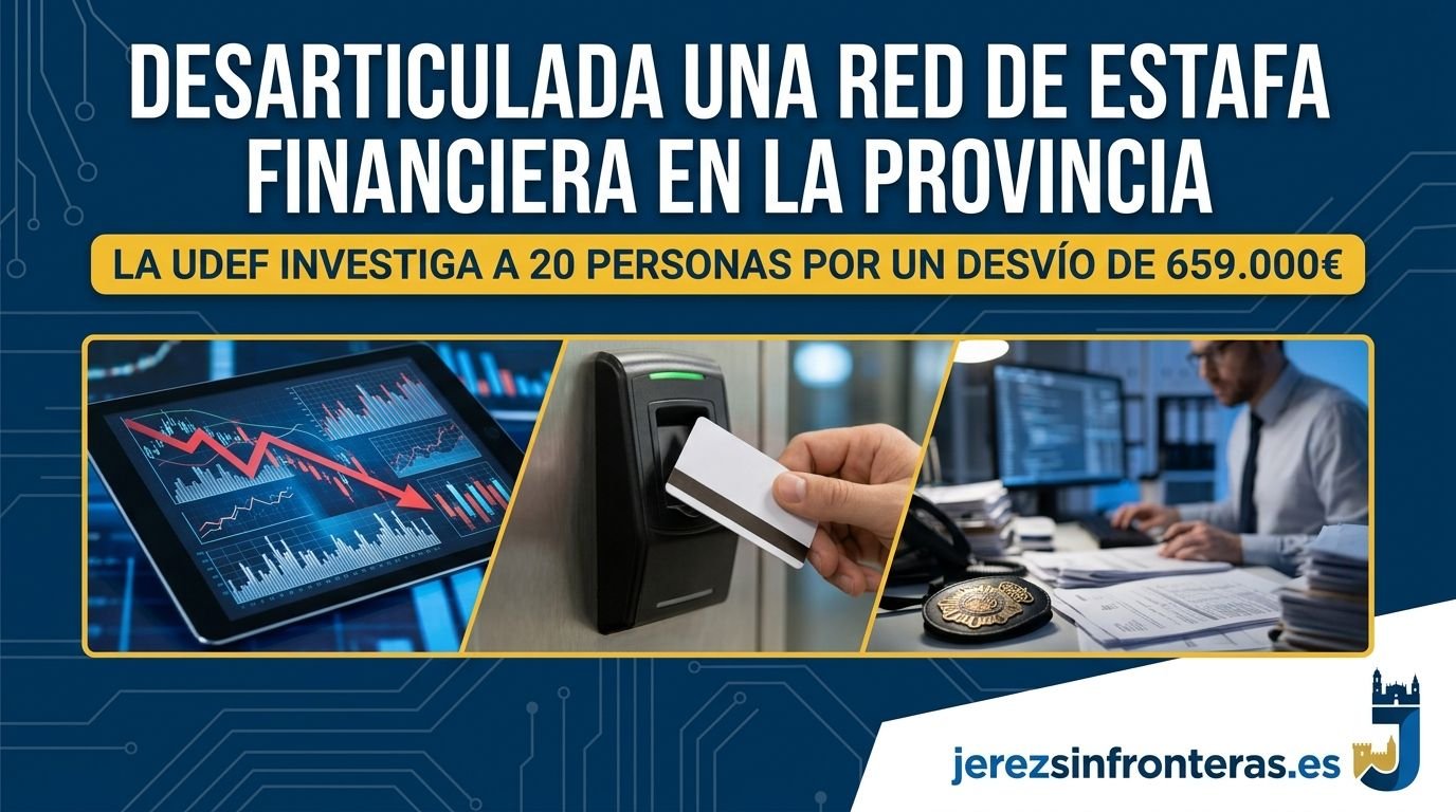 Una imagen de cabecera de noticias en formato 16:9 con un fondo azul oscuro y detalles de circuitos electrónicos. El titular superior en letras blancas y negritas reza: "DESARTICULADA UNA RED DE ESTAFA FINANCIERA EN LA PROVINCIA". Justo debajo, un banner amarillo horizontal contiene el texto: "LA UDEF INVESTIGA A 20 PERSONAS POR UN DESVÍO DE 659.000€". En la parte inferior, una franja blanca inclinada muestra el logotipo y la URL "jerezsinfronteras.es". En el centro, hay una composición de tres paneles con marcos amarillos: el primero (izquierda) muestra una tableta con gráficos de bolsa con una flecha roja descendente; el segundo (centro) muestra una mano usando una tarjeta de acceso en un lector de seguridad; el tercero (derecha) muestra a un hombre con gafas trabajando frente a dos monitores de ordenador con documentos y una placa de identificación en primer plano.