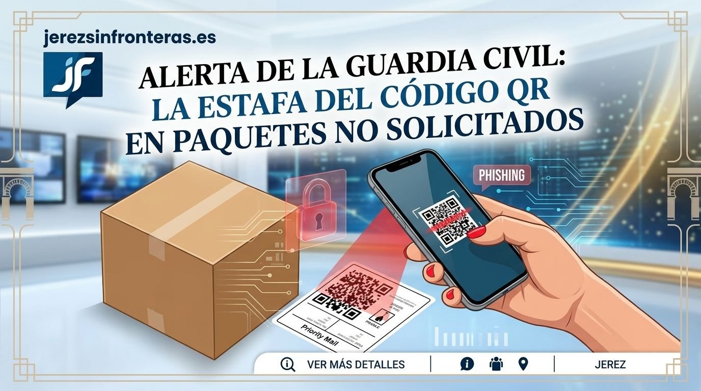 Una ilustración de cabecera de noticias en formato 16:9 con fondo de estudio de TV azul y blanco. En la parte superior izquierda está el logo de "jerezsinfronteras.es". El titular central en negro dice: "ALERTA DE LA GUARDIA CIVIL: LA ESTAFA DEL CÓDIGO QR EN PAQUETES NO SOLICITADOS". A la izquierda hay una caja de cartón realista. A la derecha, una mano con uñas rojas sostiene un smartphone escaneando el código QR de una etiqueta en la caja, con una línea de escaneo roja visible. La etiqueta incluye texto como "Priority Mail". Un icono de candado rojo transparente y texto de "PHISHING" están integrados alrededor de la interacción de escaneo. El borde tiene un diseño geométrico con motivos de arcos en las esquinas. Una banda inferior informativa tiene iconos pequeños y texto como "VER MÁS DETALLES" y "JEREZ".