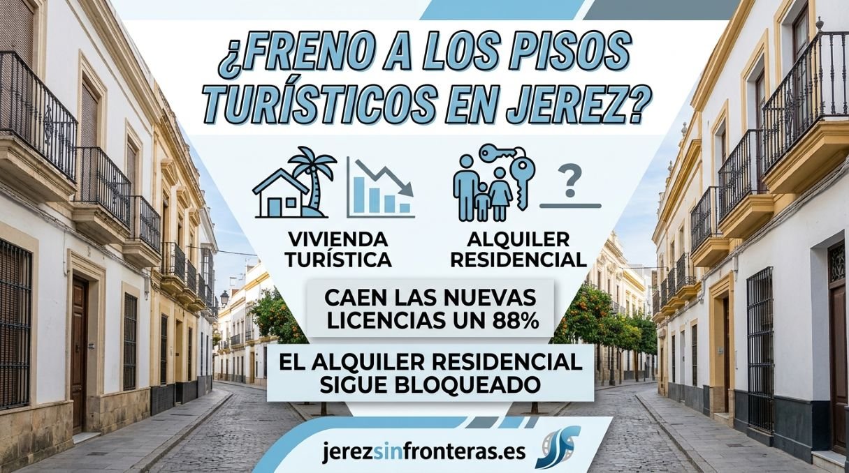 Gráfico informativo en una calle de Jerez con datos que muestran un desplome del 88% en nuevas licencias de viviendas turísticas y el bloqueo del alquiler residencial.