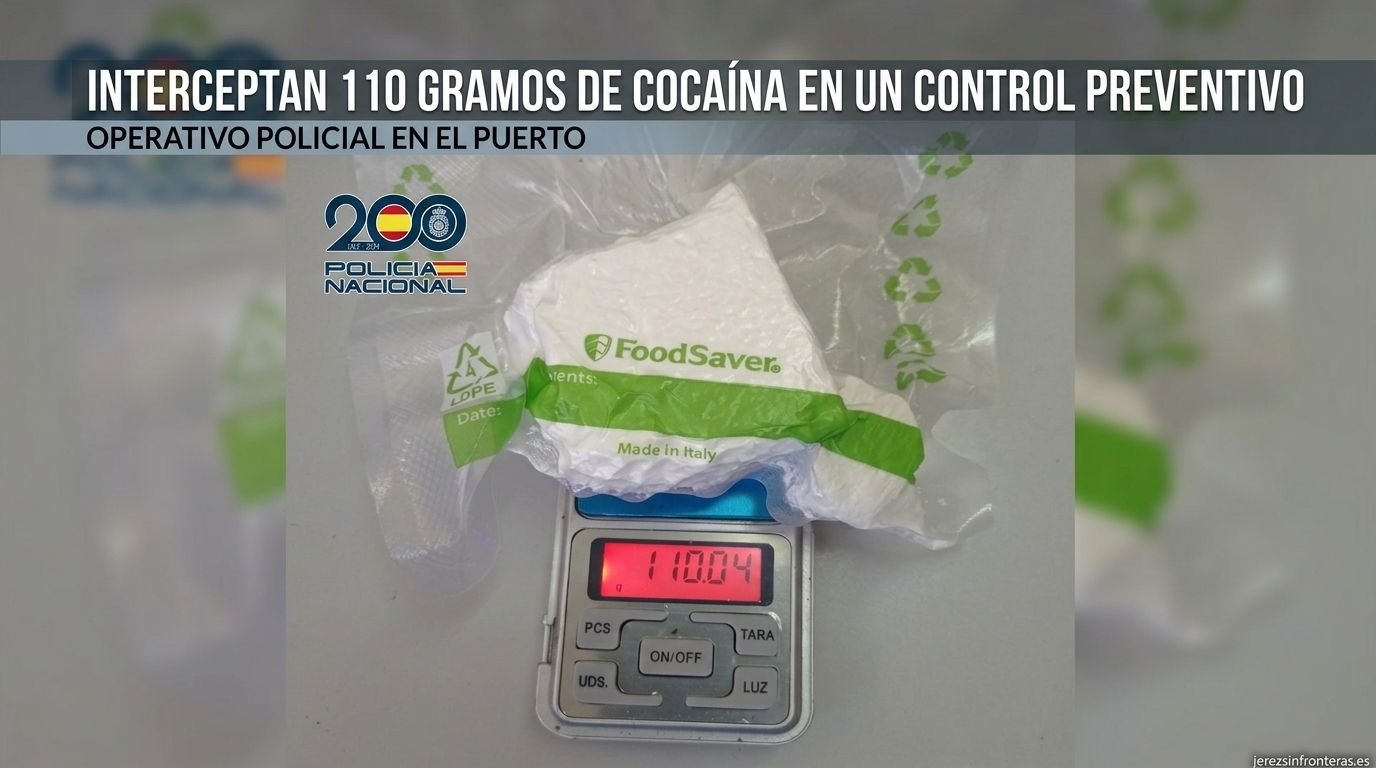 Imagen de cabecera de la noticia sobre una incautación de cocaína. Muestra un bloque de sustancia blanca en una bolsa de vacío sobre una báscula de precisión digital que marca 110,04 gramos. Un panel de texto en la parte superior tiene el titular 'INTERCEPTAN 110 GRAMOS DE COCAÍNA EN UN CONTROL PREVENTIVO' y el subtítulo 'OPERATIVO POLICIAL EN EL PUERTO'. A la izquierda, el logotipo del 200 aniversario de la Policía Nacional.