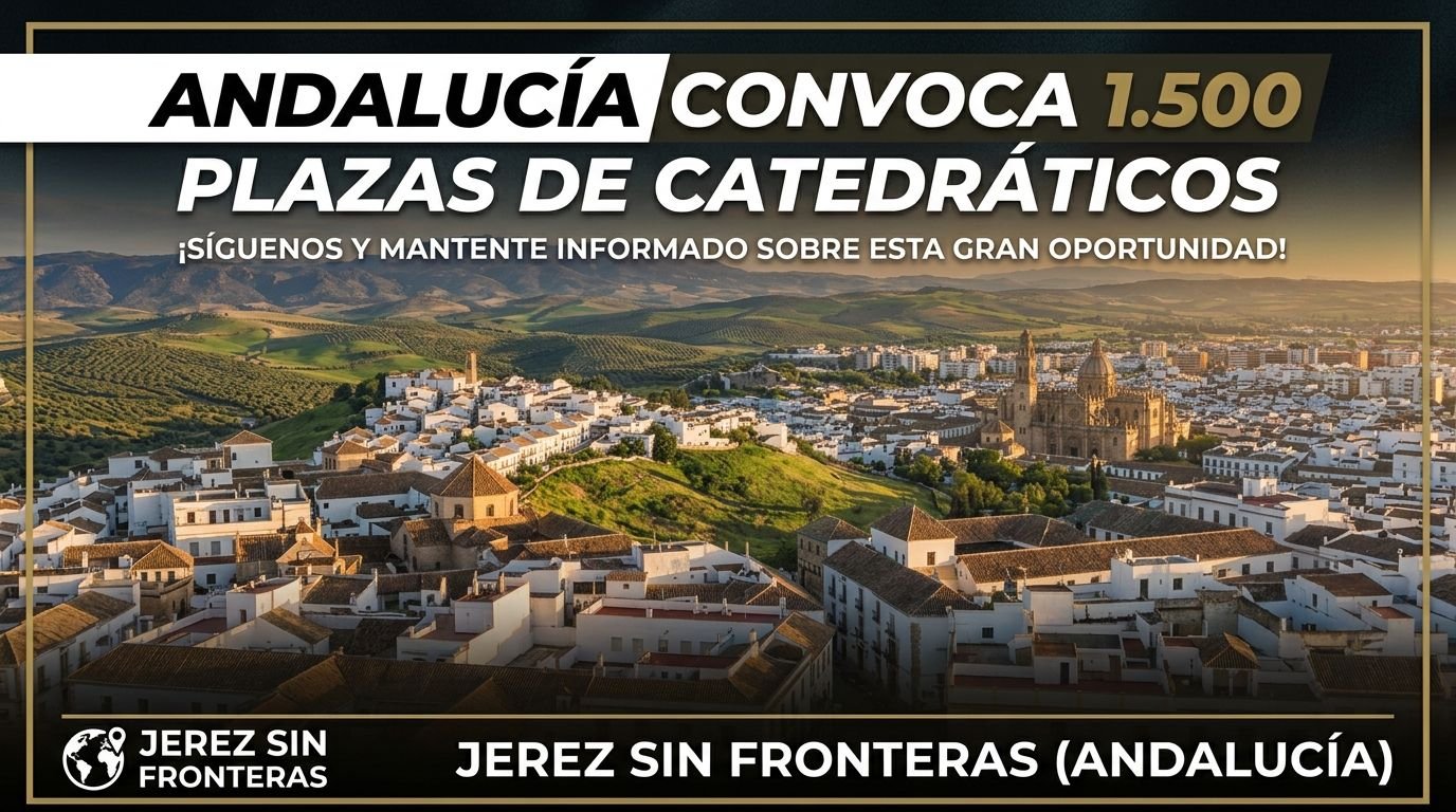 Ilustración promocional con vista panorámica de arquitectura andaluza sobre la que se muestra el titular «Andalucía convoca 1.500 plazas de catedráticos».