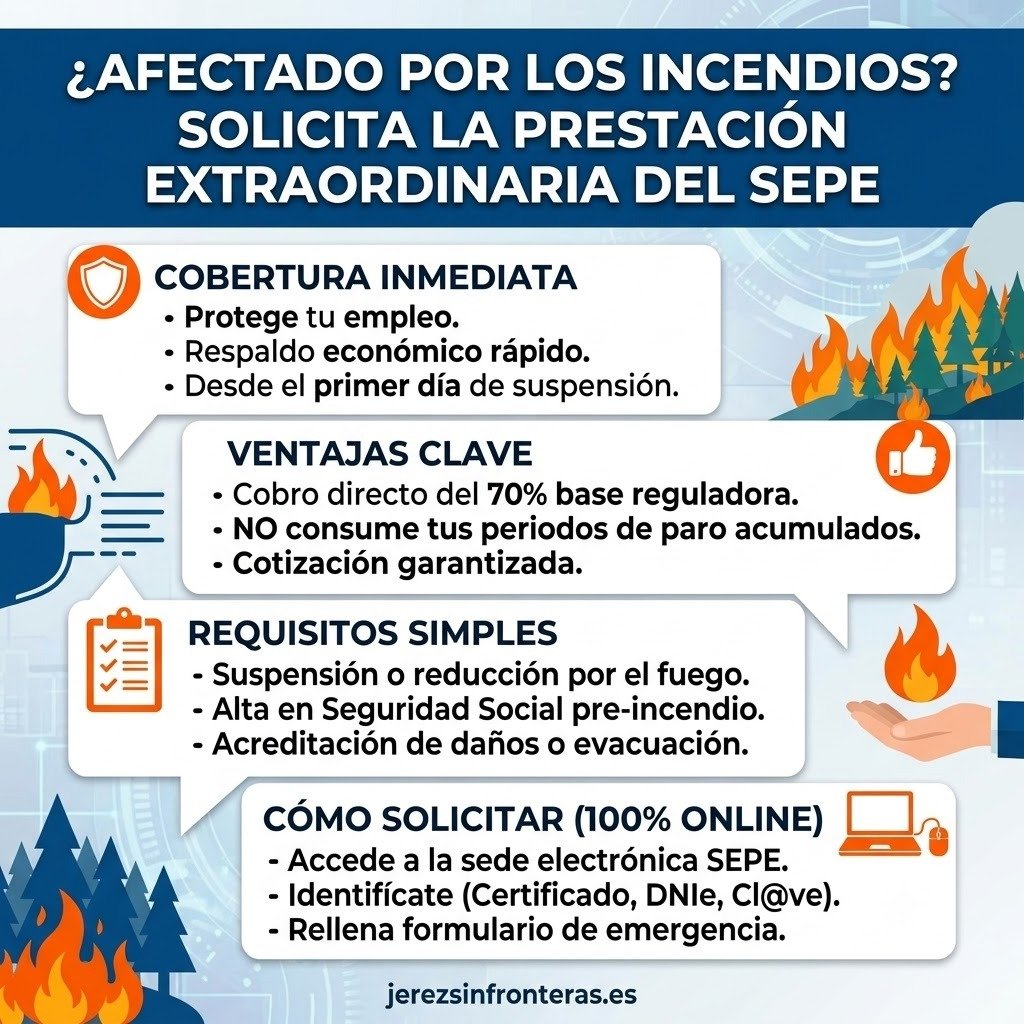 Cartel informativo sobre la nueva prestación extraordinaria por emergencia de incendios del SEPE.