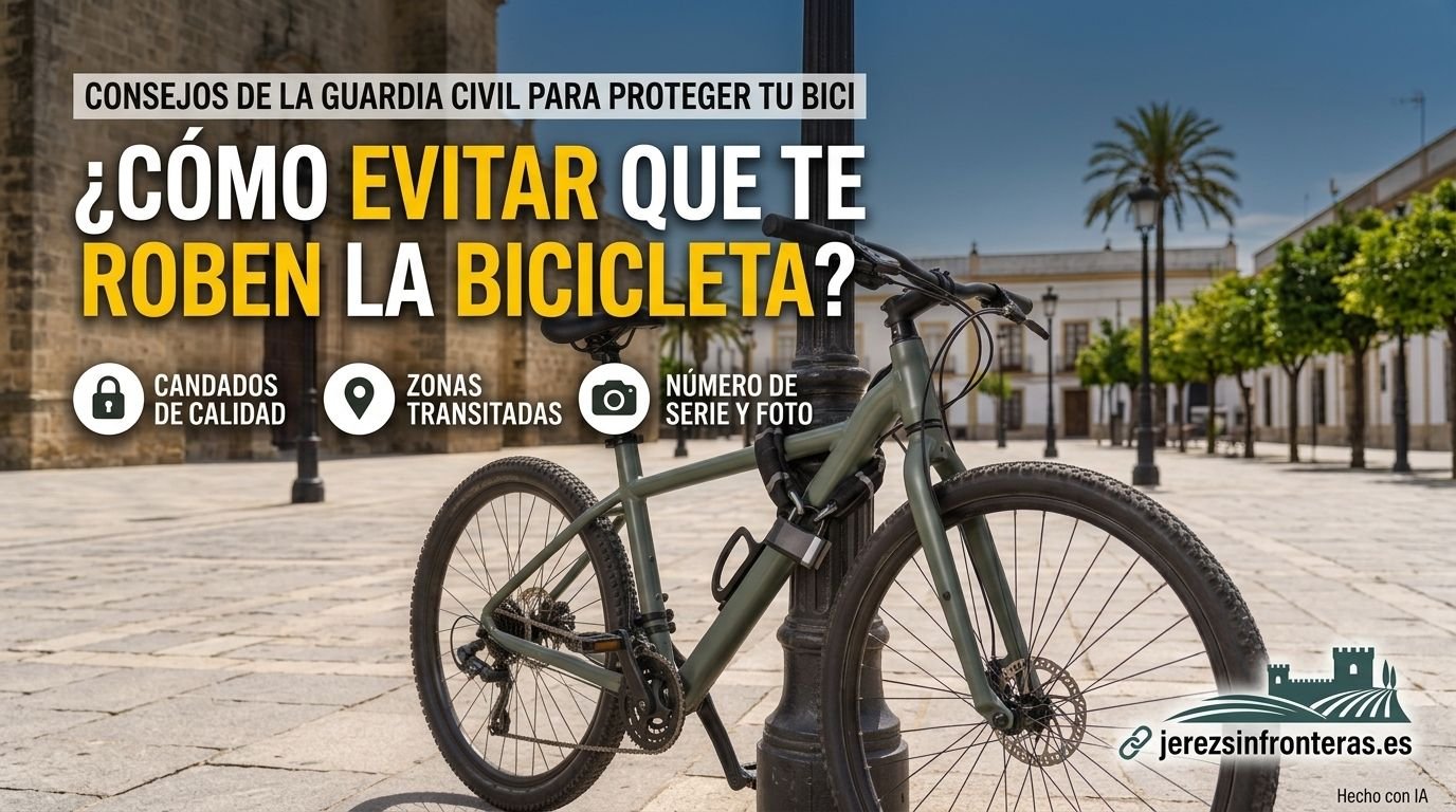 Imagen de cabecera que muestra una bicicleta verde bloqueada con un candado de cadena a un poste de luz en una plaza histórica de Jerez de la Frontera, basada en un aviso de la Guardia Civil. Un banner en la parte superior tiene el texto "CONSEJOS DE LA GUARDIA CIVIL PARA PROTEGER TU BICI" y un titular grande que dice "¿CÓMO EVITAR QUE TE ROBEN LA BICICLETA?". Tres iconos estilizados (un candado, un marcador de posición y una cámara) van acompañados de las palabras "CANDADOS DE CALIDAD", "ZONAS TRANSITADAS" y "NÚMERO DE SERIE Y FOTO". El logotipo de jerezsinfronteras.es está en la esquina inferior derecha.