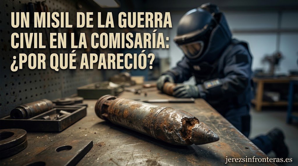 Proyectil de aviación antiguo de la Guerra Civil Española sobre una mesa de inspección militar con un agente del TEDAX al fondo fuera de foco.