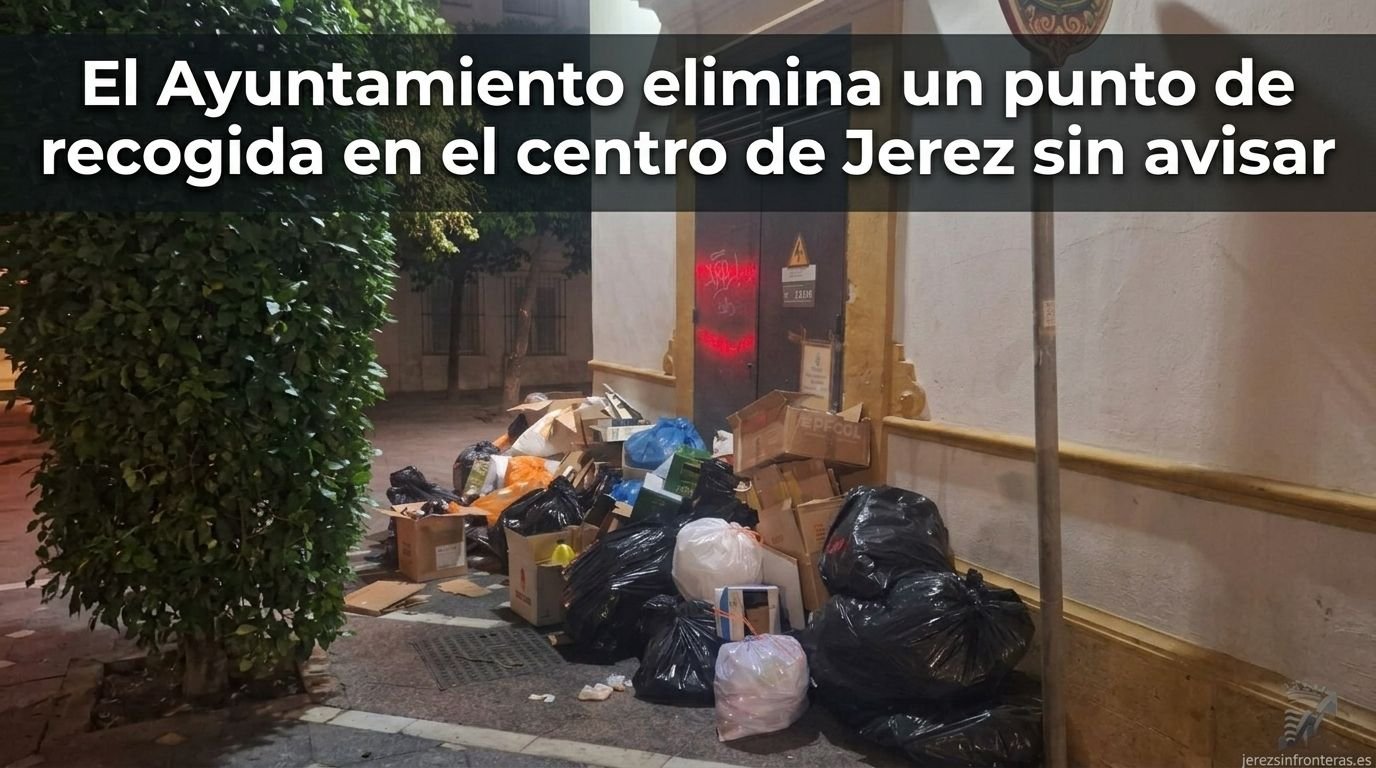 Imagen de cabecera de la noticia sobre la retirada de contenedores en el centro de Jerez, mostrando la acumulación de basura en la calle Belén.