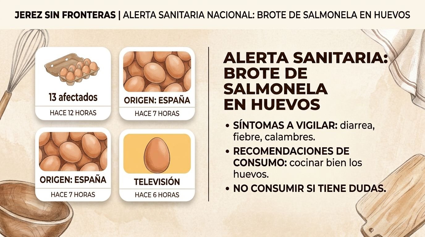 Infografía detallada sobre una alerta sanitaria nacional en España por un brote de salmonela en huevos, proporcionando datos clave y recomendaciones de salud.