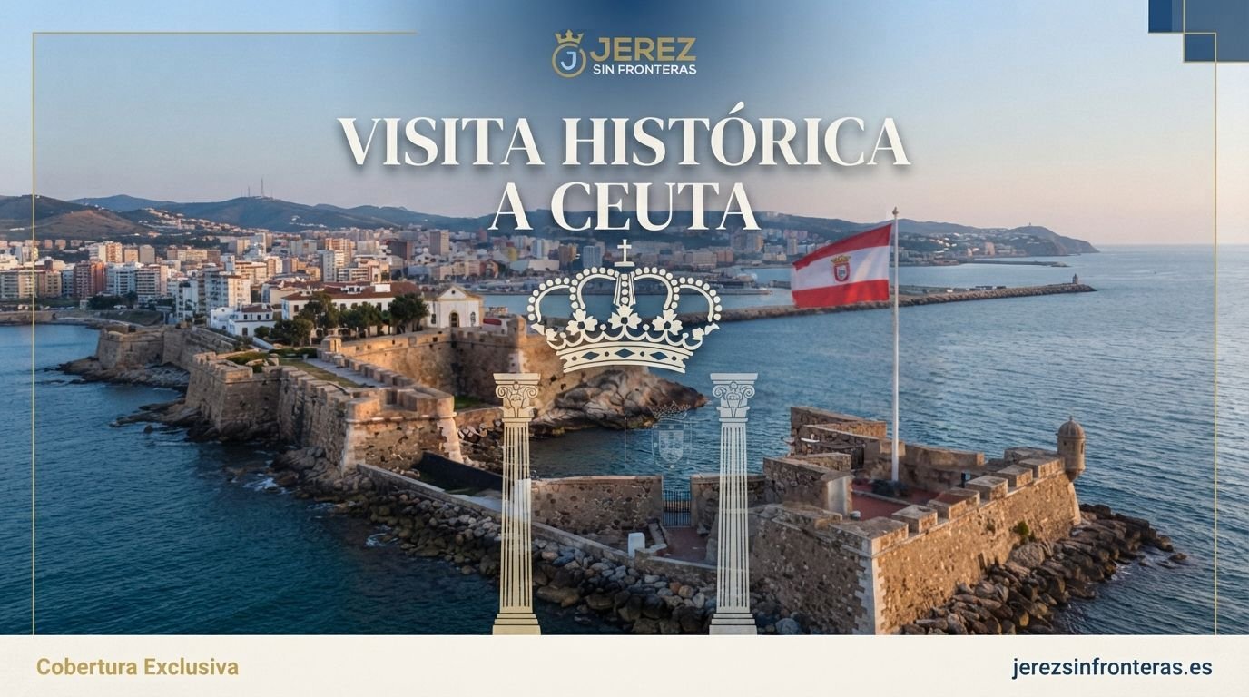 Vista aérea panorámica del frente marítimo y las murallas de Ceuta con la bandera de España ondeando al fondo, gráfica decorativa con elementos de la Corona Real y el titular Visita Histórica a Ceuta de Jerez Sin Fronteras.