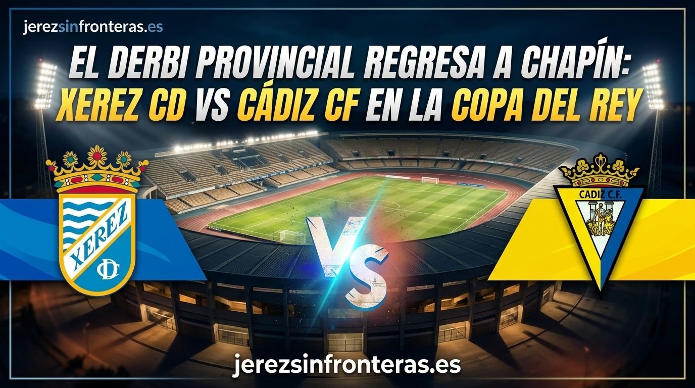 Escudo del Xerez CD y escudo del Cádiz CF enfrentados con el fondo del Estadio Municipal de Chapín iluminado de noche para el partido de Copa del Rey.