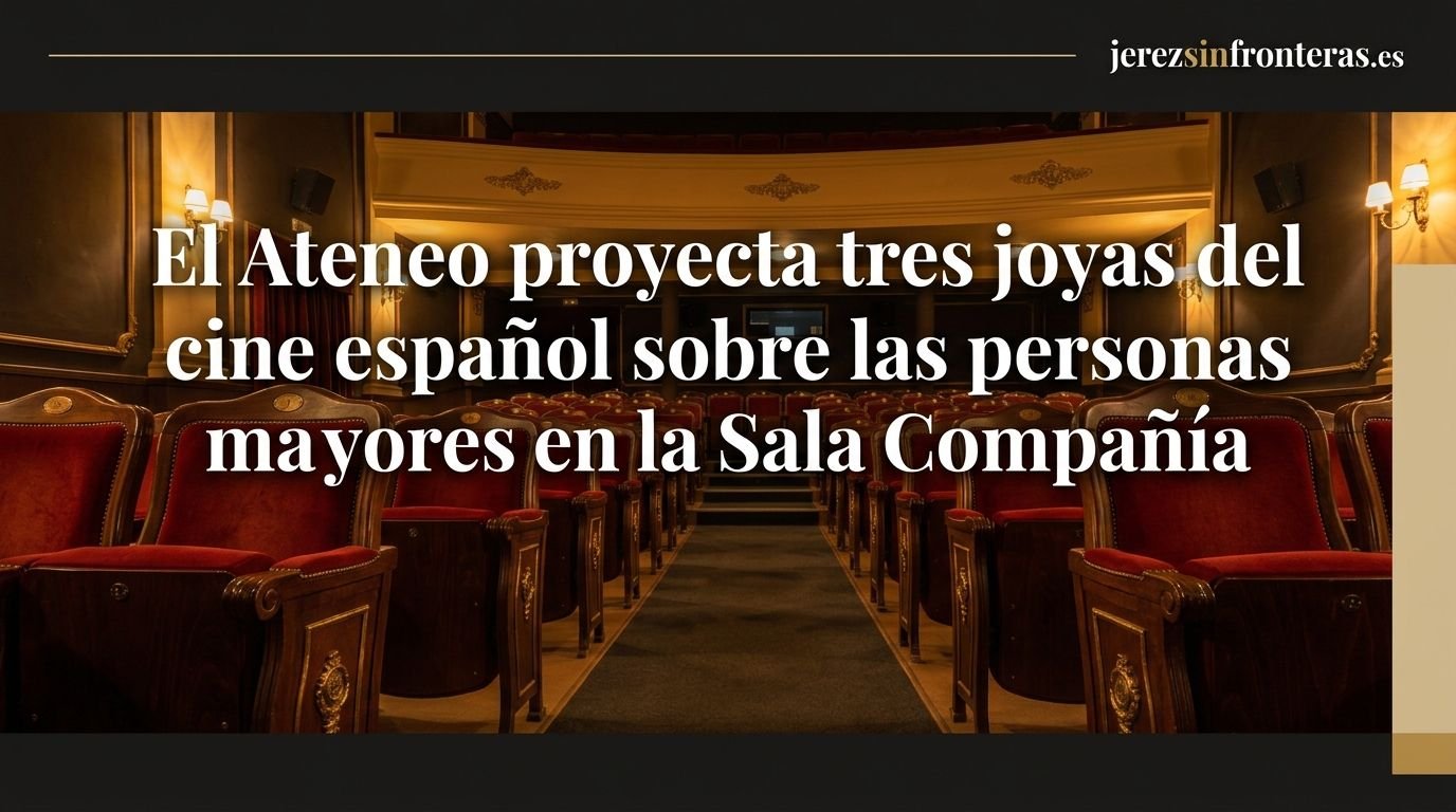Vista del patio de butacas de la Sala Compañía en Jerez de la Frontera, con el titular del ciclo de cine organizado por el Ateneo de Jerez.