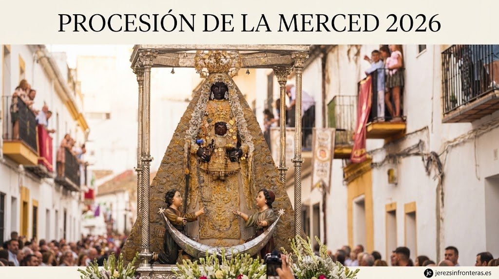 Procesión de Nuestra Señora de la Merced Coronada, Patrona de Jerez de la Frontera, recorriendo las calles del centro histórico durante su salida procesional.