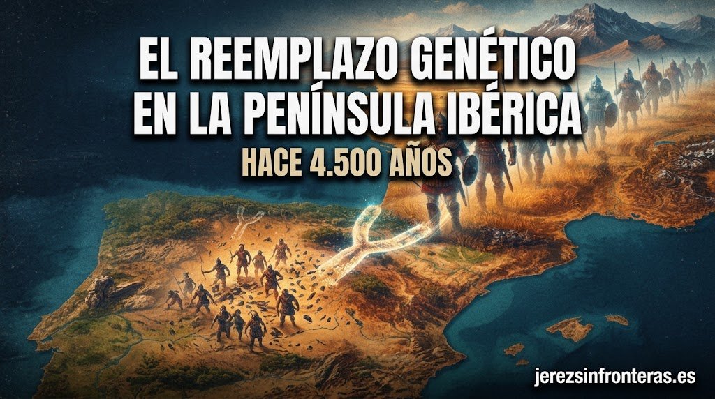Ilustración histórica de la Península Ibérica mostrando dos grupos de guerreros antiguos y un símbolo de ADN brillante en forma de Y, representando el reemplazo genético masculino hace 4.500 años.