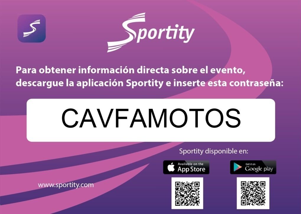 Infografía informativa de la aplicación Sportity con la contraseña CAVFAMOTOS para seguir el Campeonato de Andalucía de Velocidad.