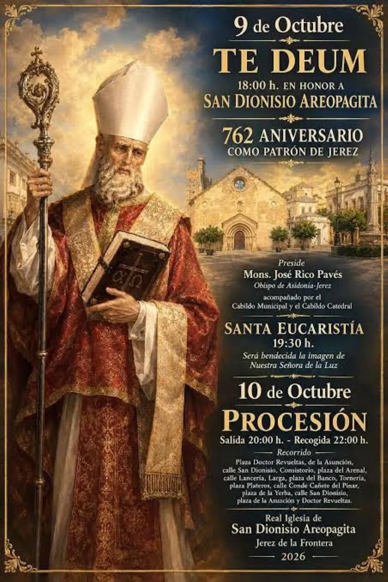 Cartel oficial de la festividad de San Dionisio Areopagita en Jerez, detallando los cultos, el Te Deum, la Santa Eucaristía y el itinerario de la procesión.