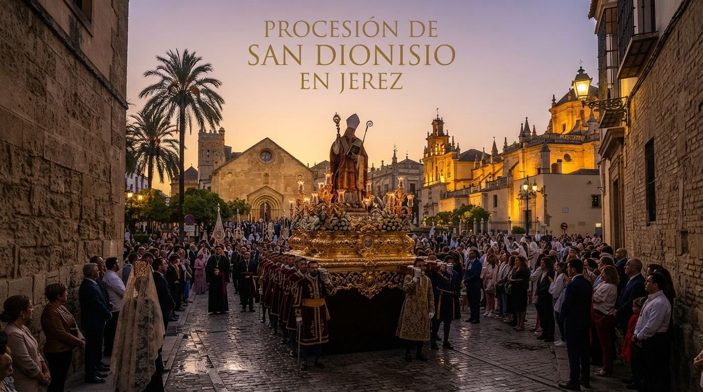Cartel oficial de la festividad de San Dionisio Areopagita en Jerez, 2026. La imagen muestra una ilustración del santo con báculo y libro en primer plano, con un fondo arquitectónico de la Iglesia de San Dionisio. A la derecha, texto detallado con los horarios de los cultos: Te Deum el 9 de octubre a las 18:00h y Santa Eucaristía a las 19:30h; y la Procesión el 10 de octubre con salida a las 20:00h y recogida a las 22:00h, incluyendo el recorrido detallado por las calles de Jerez de la Frontera.