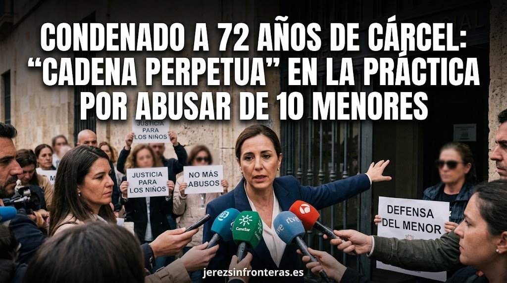 Cabecera de noticia de jerezsinfronteras.es con una abogada en primer plano hablando a micrófonos en una rueda de prensa de la Audiencia Provincial, con un titular superpuesto que dice "CONDENADO A 72 AÑOS DE CÁRCEL: 'CADENA PERPETUA' EN LA PRÁCTICA POR ABUSAR DE 10 MENORES". En el fondo, personas sostienen carteles de protesta como "JUSTICIA PARA LOS NIÑOS".