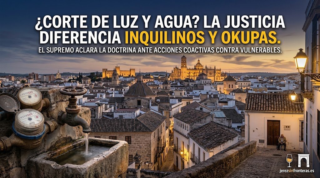 Una imagen de cabecera de noticias (16:9) que muestra una vista panorámica del horizonte de Jerez de la Frontera, España, al atardecer, con la Catedral y el Alcázar iluminados. Un texto superpuesto en la parte superior derecha dice: '¿CORTE DE LUZ Y AGUA? LA JUSTICIA DIFERENCIA INQUILINOS Y OKUPAS'. Un subtítulo más pequeño dice: 'EL SUPREMO ACLARA LA DOCTRINA ANTE ACCIONES COACTIVAS CONTRA VULNERABLES'. En primer plano a la izquierda, hay contadores de agua antiguos de metal y una válvula. Un pequeño logotipo de 'jerezsinfronteras.es' está en la esquina inferior derecha.
