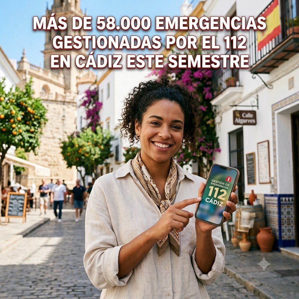 Mujer mostrando en la pantalla de su teléfono móvil el servicio de atención del 112 en una calle de la provincia de Cádiz.