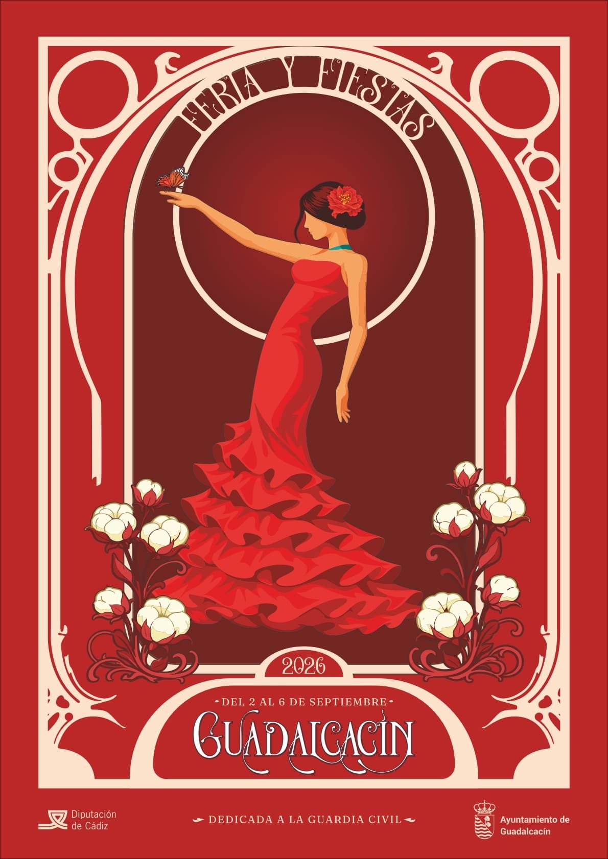 Cartel ilustrado de la Feria y Fiestas de Guadalcacín 2026, con una bailaora de flamenco en un vestido rojo, sosteniendo una mariposa, enmarcada por arcos art déco.