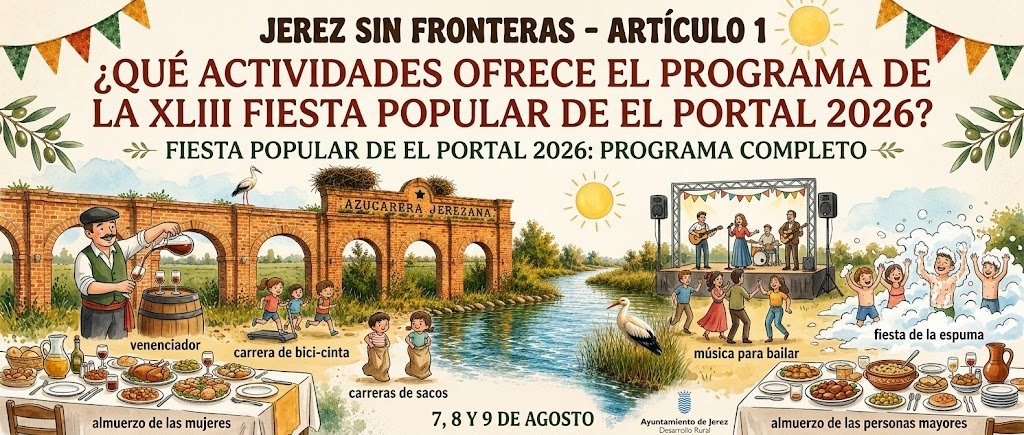 Cartel ilustrado de la XLIII Fiesta Popular de El Portal con el arco de la Azucarera Jerezana, el río Guadalete y cigüeñas en su entorno natural.