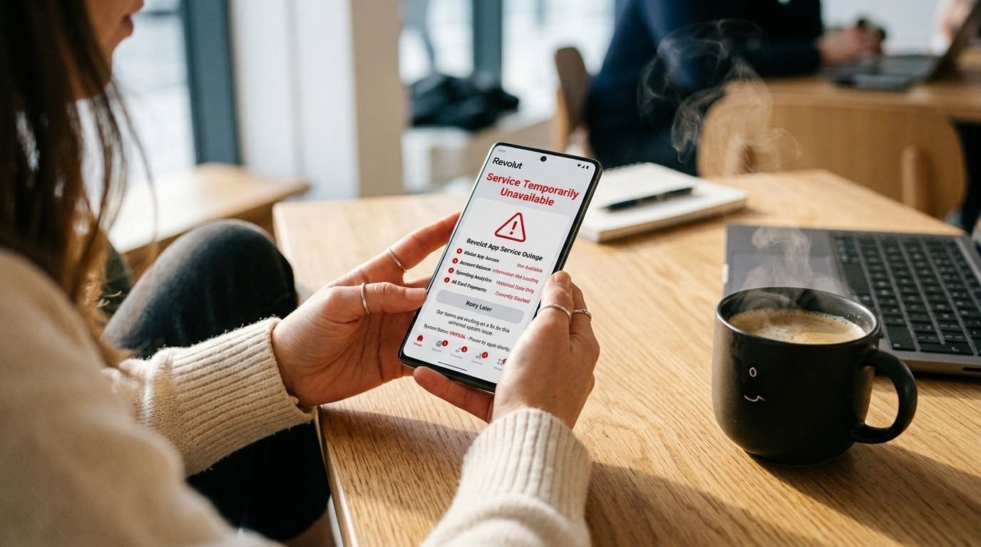 Persona sosteniendo un teléfono móvil con una pantalla que muestra una incidencia de servicio temporalmente no disponible en la aplicación de Revolut sobre una mesa de madera.