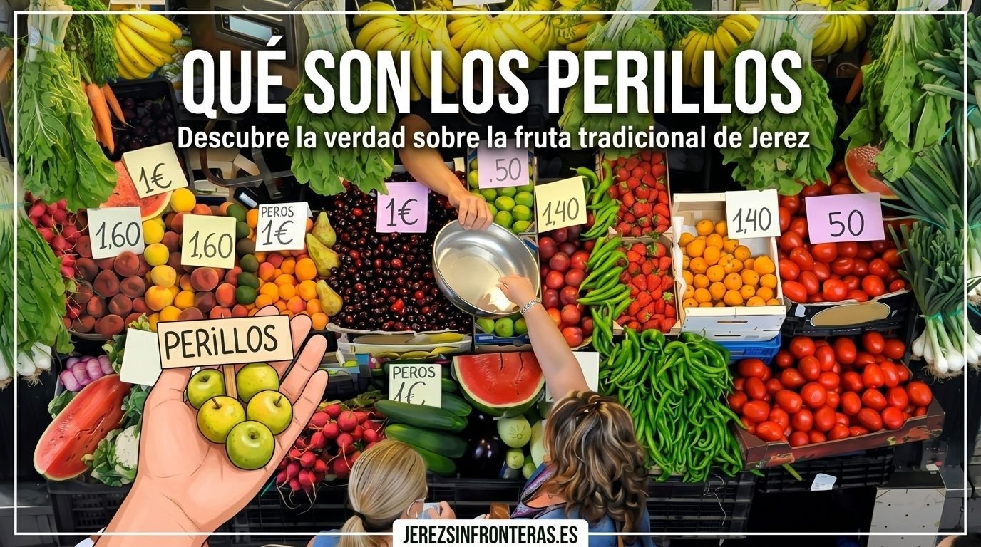 Puesto tradicional en el Mercado Central de Abasto de Jerez con frutas y verduras locales, destacando el cartel «Qué son los perillos» sobre una selección de peros y productos de la comarca.