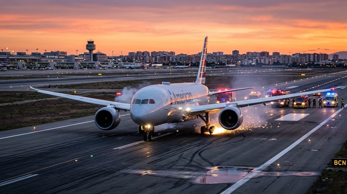 Fotografía dinámica de un avión Boeing 787 de American Airlines en primer plano, detenido en la pista de aterrizaje del aeropuerto de Barcelona (BCN) al atardecer, tras un reventón de neumáticos. Se aprecia humo y chispas saliendo de las ruedas del tren de aterrizaje principal derecho. En el fondo, las luces de emergencia rojas y azules de múltiples vehículos de bomberos y policía destellan sobre el asfalto mojado. El cielo muestra tonos cálidos de naranja, rosa y morado sobre el horizonte de la ciudad. La imagen tiene un encuadre horizontal amplio 16:9 y un ligero desenfoque en los bordes para centrar la atención en la aeronave.