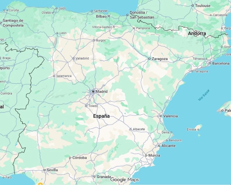 Mapa de Google Maps de la península ibérica que muestra las fronteras terrestres de España con Portugal y Francia delimitadas por líneas continuas. 