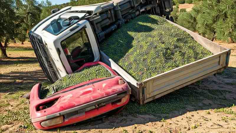 Accidente mortal en Écija: camión cargado de aceitunas aplasta un vehículo