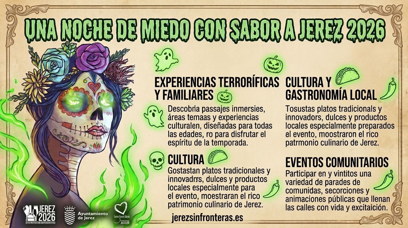 Ilustración oficial de Una Noche de Miedo con Sabor a Jerez 2026 con motivos de calavera mexicana y calaveras decorativas