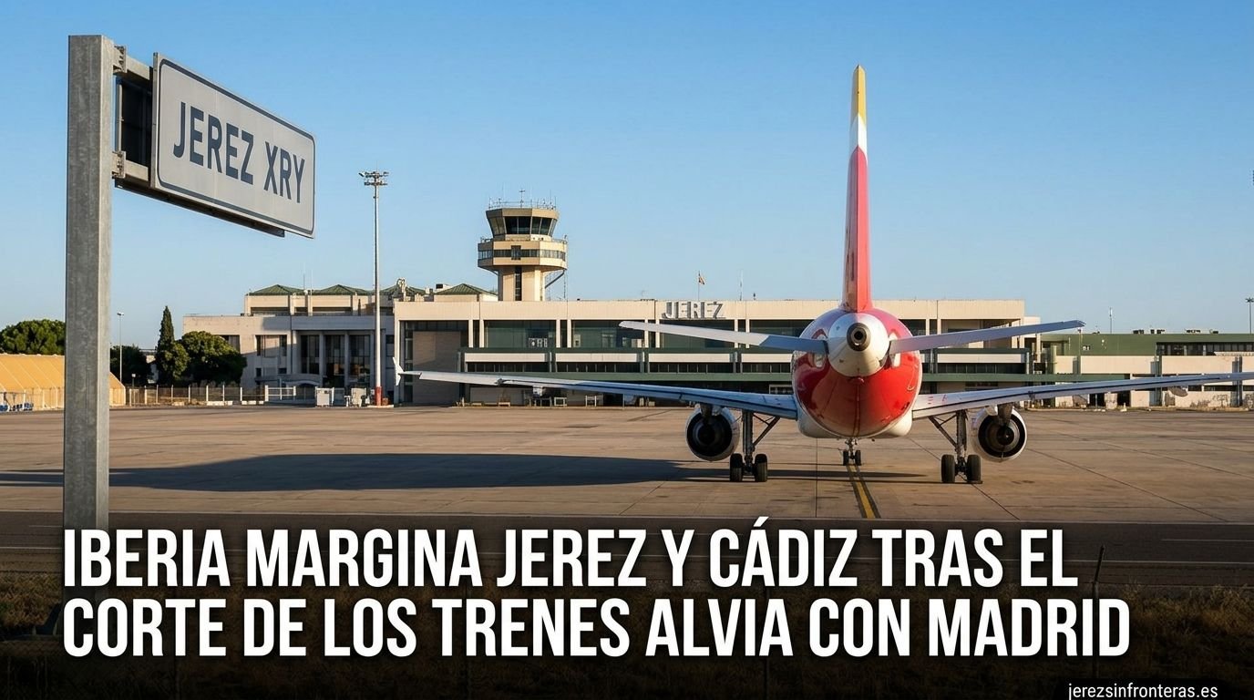 Fotografía periodística de la pista y torre de control del Aeropuerto de Jerez con un avión de Iberia estacionado y cartel de señalización JEREZ XRY.