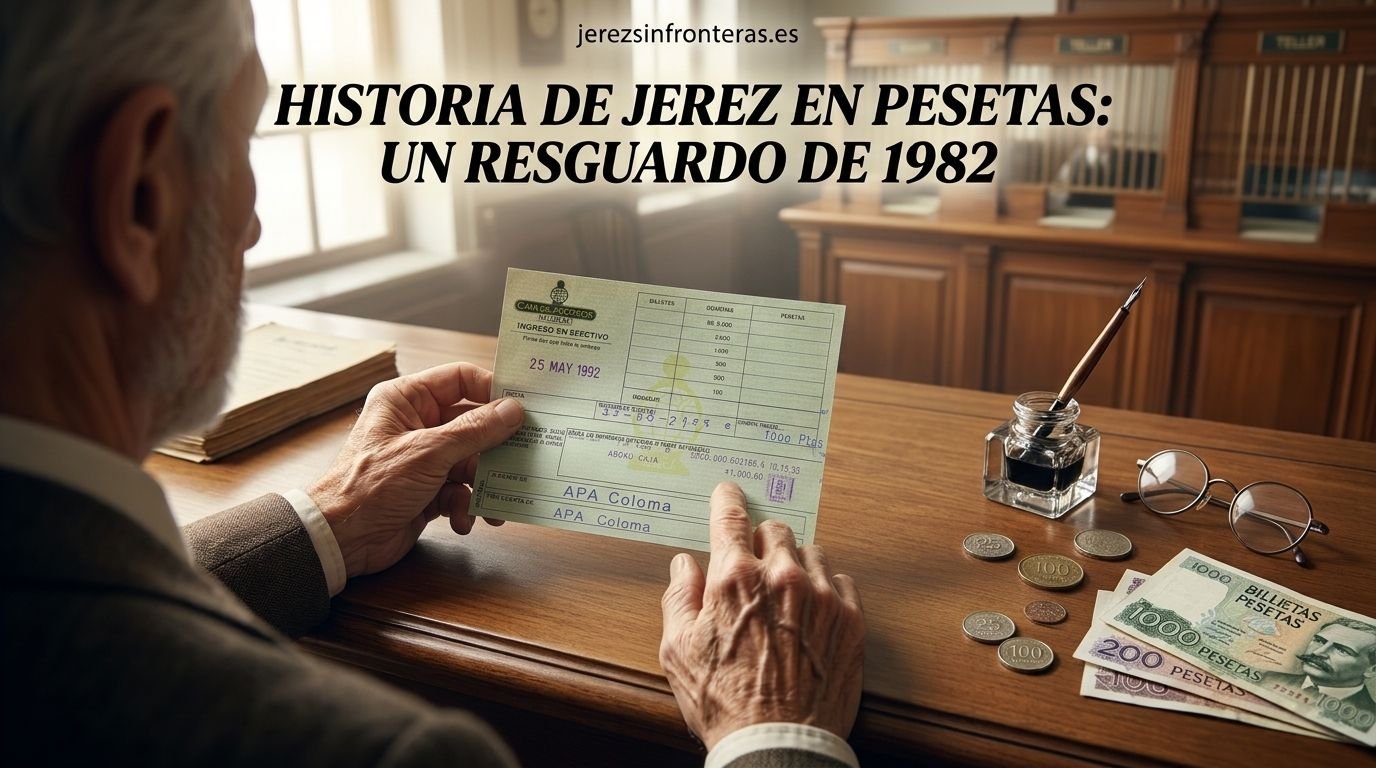 Resguardo de ingreso en efectivo de la Caja de Ahorros de Jerez de mayo de 1982 sobre un mostrador de madera.