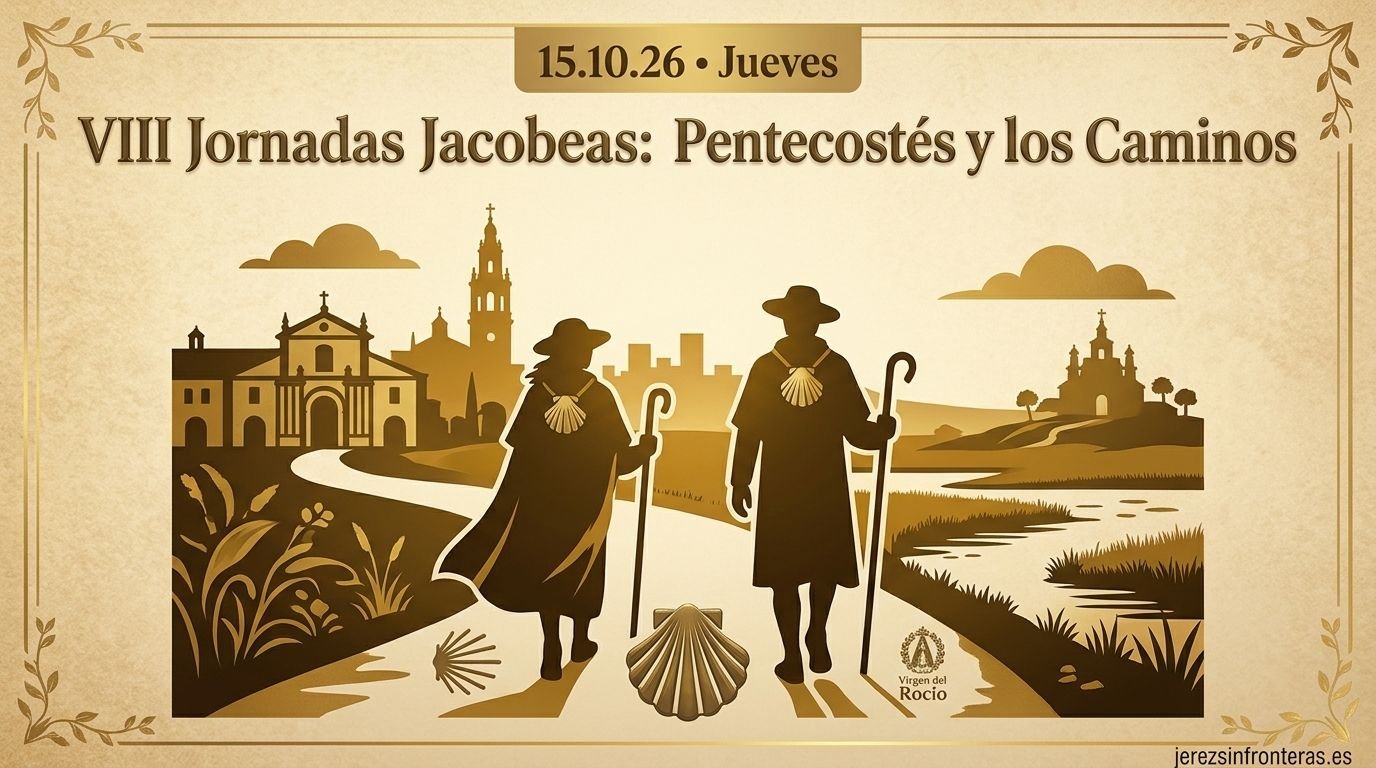 Ilustración promocional en formato panorámico 16:9 sobre fondo beige con tonos dorados que representa a dos peregrinos caminando hacia un conjunto monumental y un santuario, con la inscripción VIII Jornadas Jacobeas: Pentecostés y los Caminos y la fecha 15.10.26.