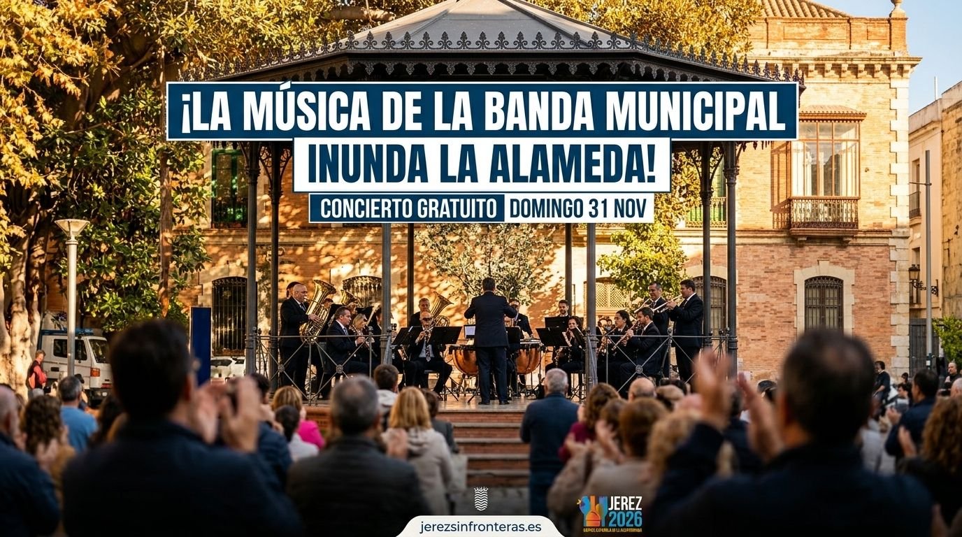 Concierto de la Banda Municipal de Música en el templete de la Alameda del Banco en Jerez de la Frontera ante una multitud de asistentes.